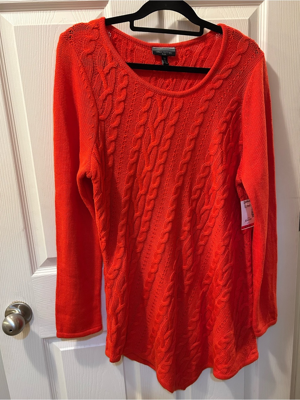 Allison Brittney 1X Bright Reddish Orange Cable Scoop Neck Sweater Stretchy NWT